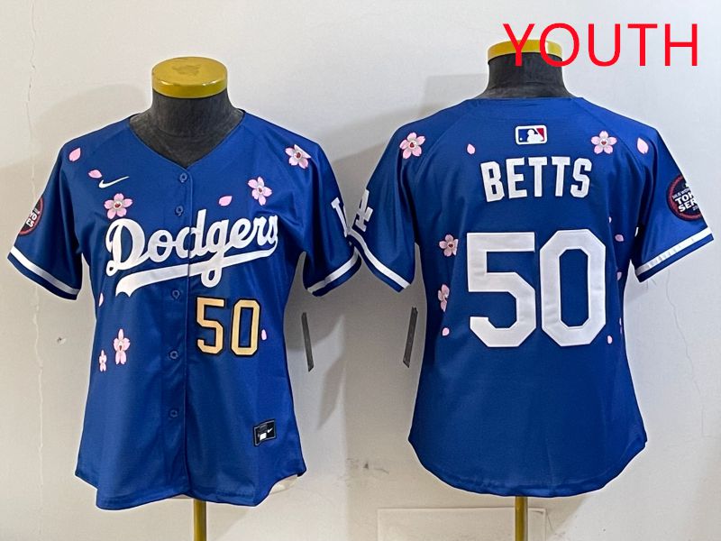 Youth Los Angeles Dodgers #50 Betts Blue Sakura Edition 2025 Nike MLB Jersey style 6->youth mlb jersey->Youth Jersey